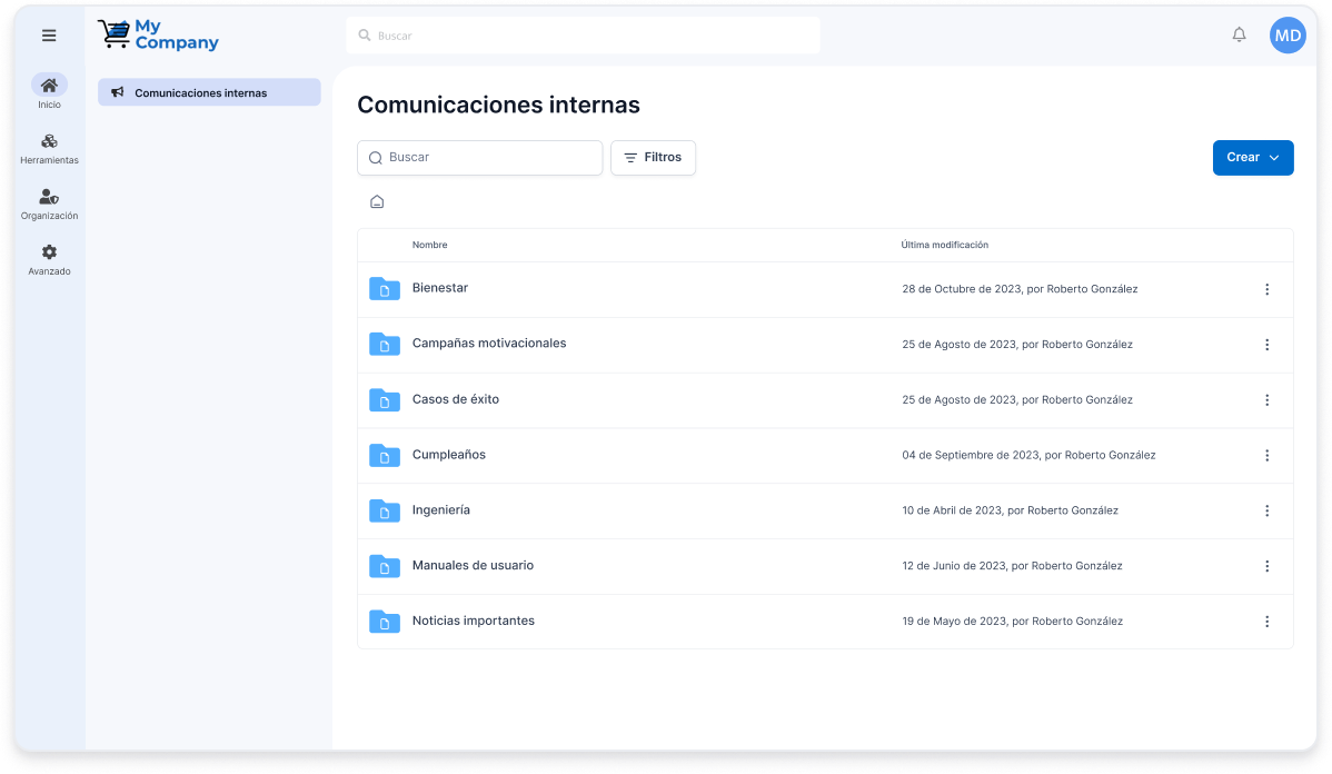 Panel de comunicaciones internas corporativas