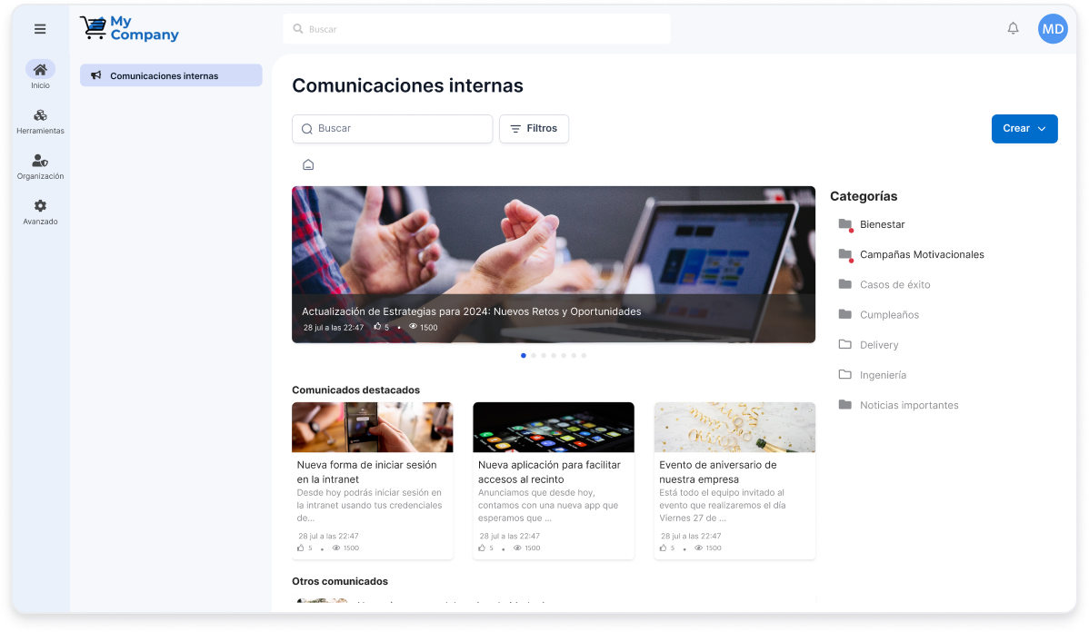 Plataforma de comunicados internos de empresa en Chile.