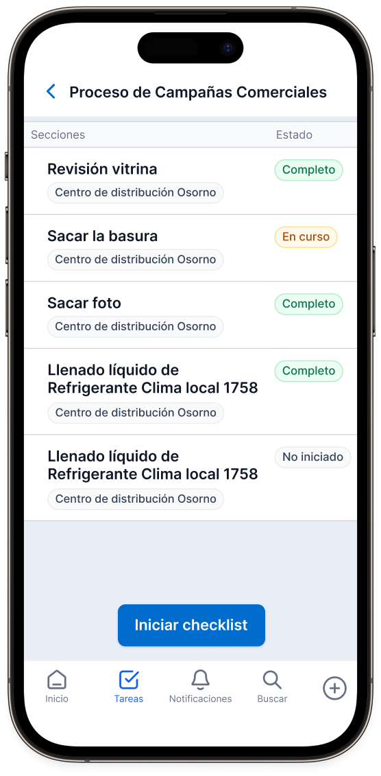 Pantalla de tareas con estados de avance.