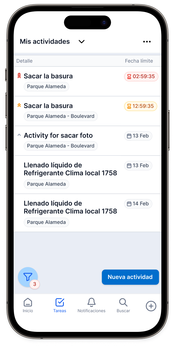Pantalla de tareas pendientes en aplicación móvil.
