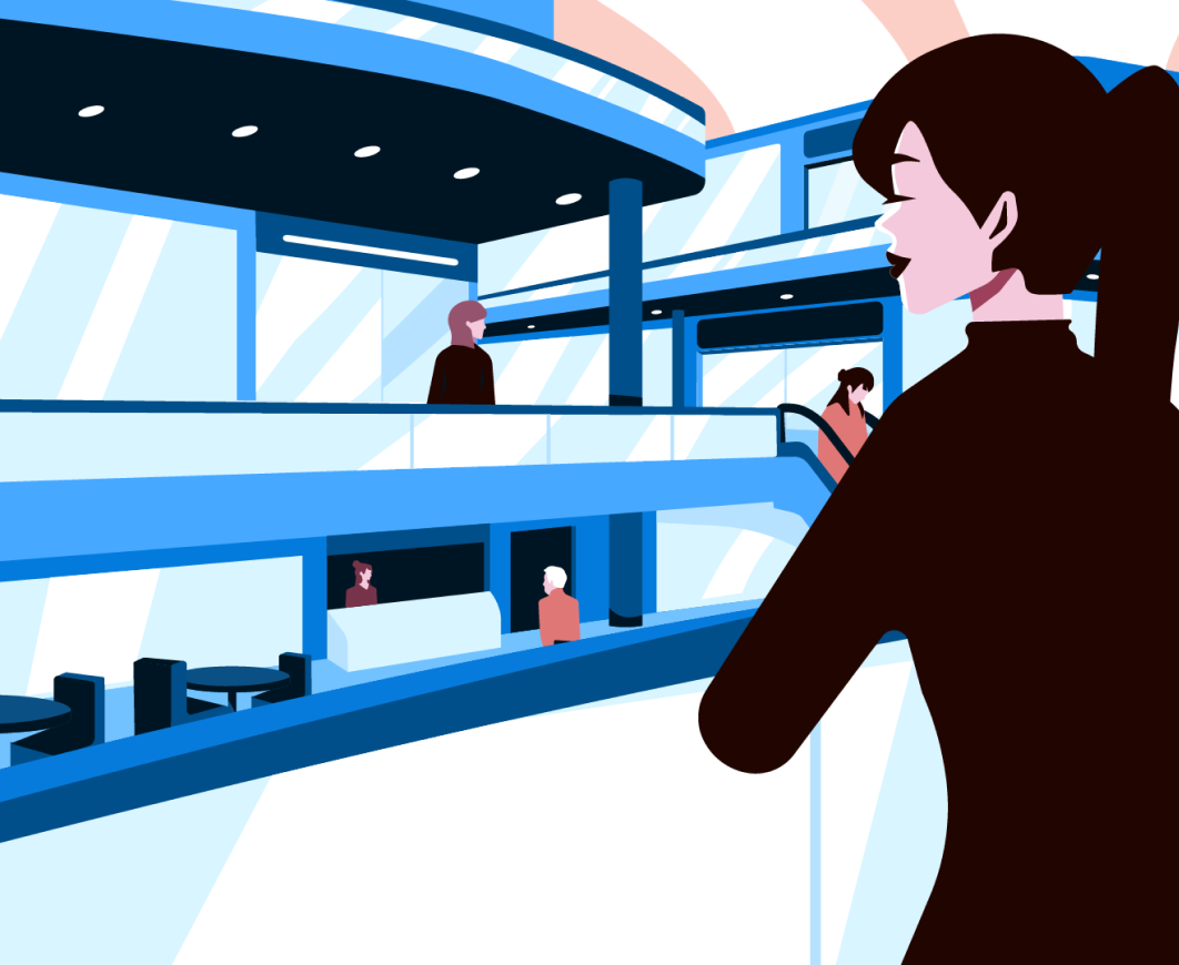 Ilustración de personas en centro comercial moderno.